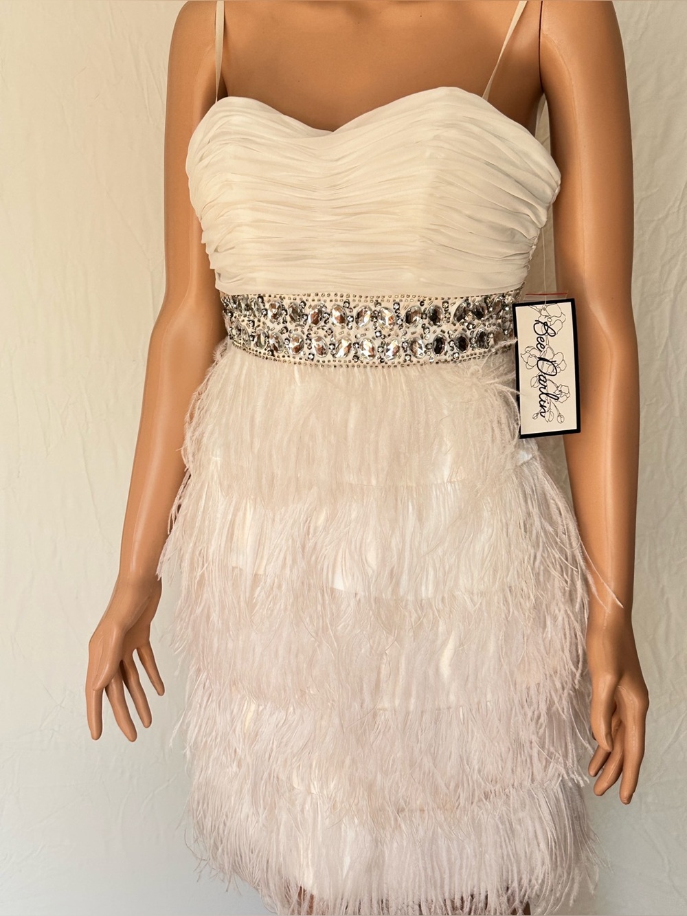 Feather Tiered Mini Dress with Jeweled Waist